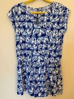 Lilly Pulitzer Pacey Blue & White  girls Elephant Print romper size 8-10 girls